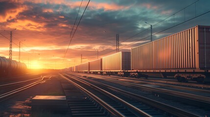 Cargo containers at sunset freight transportation background.