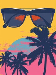 Poster - A bright background features silhouette sunglasses over a sunset beach landscape filled with palm trees, evoking relaxation and vacation vibes. Generative AI