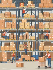 Poster - Warehouse workers are efficiently relocating boxes and pallets among tall shelves packed with various goods throughout the day. Generative AI