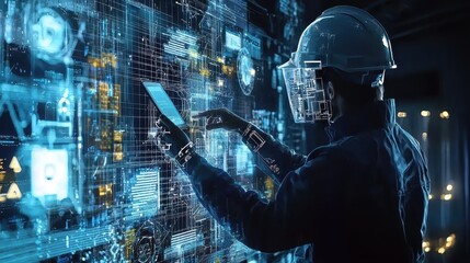 Poster - Engineers in Hard Hats Analyzing Digital Schematics