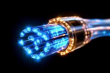 Poster - Blue fiber optic cables light up the area, showcasing their vital role in modern communication