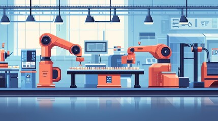Poster - Automated Factory Floor with Robotic Arms and Equipment