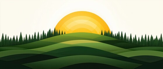 Wall Mural - Green Hills with Sunset and Pine Trees