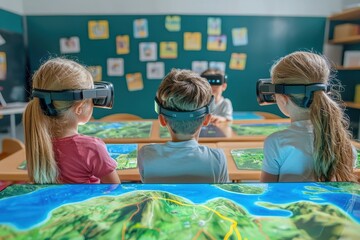 Fototapete - Kids Engaging with Augmented Reality Education Tools