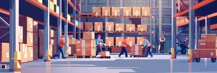 Poster - Busy warehouse workers are transporting boxes and pallets while managing organized shelves stocked with various goods. Generative AI