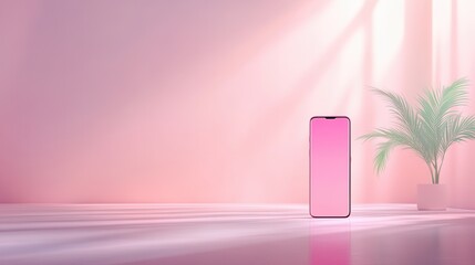 Wall Mural - Pink Minimalist Smartphone Mockup with Palm Leaf and Sunlight.