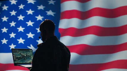 Poster - American NATO air defense operator uses radar detecting missile attacks, conducting space surveillance and satellite tracking. United States agent uses military software preventing rockets, camera A