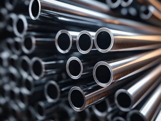 Poster - Stacked Rows of Metal Pipes in a Steel Manufacturing Setting