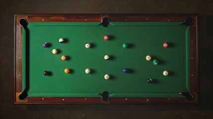 Overhead View of a Pool Table with Balls in Position