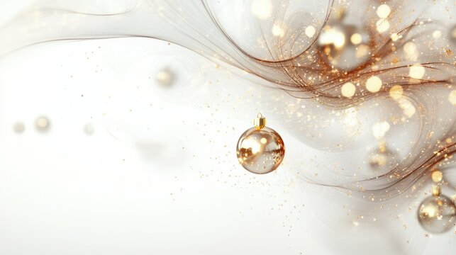 Abstract holiday background with swirling lights and shimmering Christmas ornaments, isolated on white