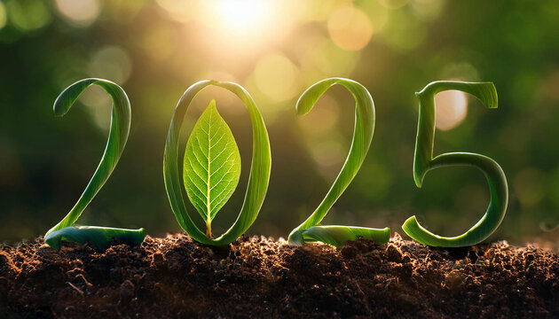 Numbers 2025 from green leaves background of nature. Eco-friendly Christmas banner for environmental protection