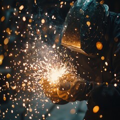 Poster - Worker With Welding Torch Creating Sparks