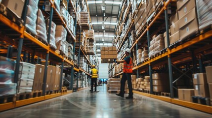 Poster - In a bustling warehouse, workers transport boxes and pallets, ensuring efficient organization among the well-stocked shelves. Generative AI