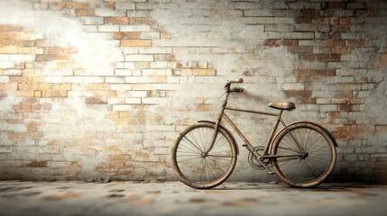 Vintage bicycle resting against a weathered brick wall, vibrant colors and intricate textures create a nostalgic urban scene