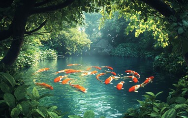 Koi fish dancing through a serene pond, framed by abundant green vegetation, capturing a tranquil and harmonious natural beauty