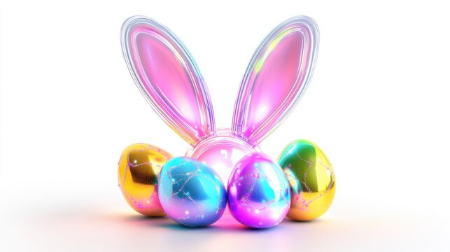 Festive Easter abstract with colorful eggs, bunny ears, and soft glowing light, isolated on white