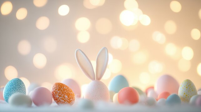 Festive Easter abstract with colorful eggs, bunny ears, and soft glowing light, isolated on white