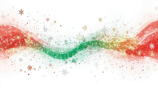 Festive red and green abstract Christmas background with glowing stars and snowflakes, isolated on white