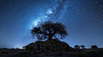 Wall Mural - majestic tree silhouette against starry night sky with Milky Way clearly visible. tree stands atop rocky hill, dramatic and awe-inspiring scene of nature and cosmos
