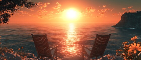 Two rustic chairs on a cliff, facing a stunning ocean sunset, crafting a tranquil atmosphere ideal for relaxation and reflection