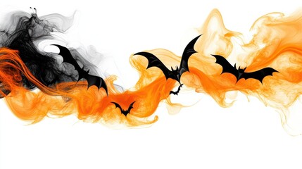 Halloween abstract background with floating bats and neon orange swirls, isolated on white