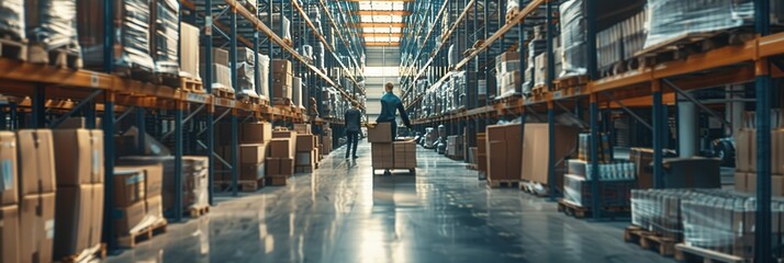 Poster - Employees are efficiently moving pallets and boxes through a busy warehouse filled with organized shelving and products. Generative AI