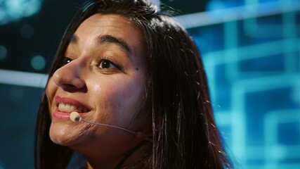 Poster - AI expert showcasing new cutting edge technologies, discussing industry advancements. Extreme close up of woman sharing latest developments in AI and Big Data industries, camera A