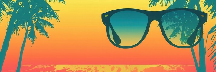 Poster - A pair of sunglasses casts a shadow on a serene beach setting, framed by palm trees and a colorful sunset in the background. Generative AI