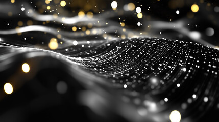 Poster - Dynamic data streams flow in darkness, illuminated by shimmering golden particles for a captivating view