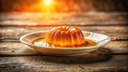 A glistening caramel flan, a traditional dessert, sits on a white plate amidst a rustic wooden backdrop, bathed in warm, golden sunlight.