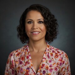 Confident Woman Portrait,A charismatic woman with short, curly hair smiles warmly, wearing a floral blouse against a sophisticated dark gray background.