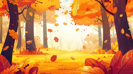 Aufkleber - The forest is alive with vibrant fall colors, as leaves gently fall from trees, creating a warm and peaceful autumn landscape. Generative AI