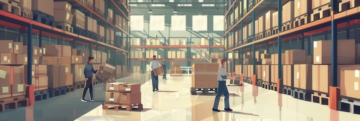 Fototapete - Warehouse workers are actively transporting boxes and pallets while surrounded by rows of stocked shelves during daytime activities. Generative AI