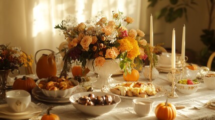 A table is set with a variety of food and a vase of flowers