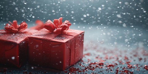 two red gift boxes with bows on a blue background