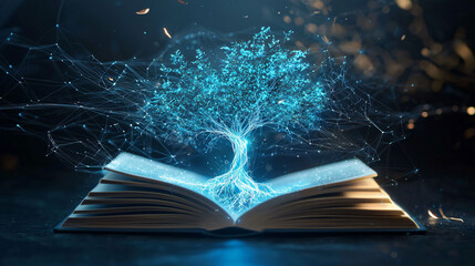 Poster - glowing tree growing from pages of open book symbolizes creativity and knowledge