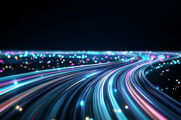 Poster - Bright data streams moving through high tech digital landscape, creating vibrant atmosphere