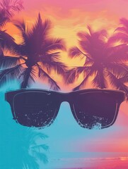 Poster - Silhouetted sunglasses against a colorful sunset sky and palm trees evoke a relaxed beach vibe. Generative AI