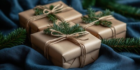 two wrapped presents with a pine branch on top