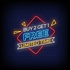 buy 2 get 1 free neon sign vector with brick wall background