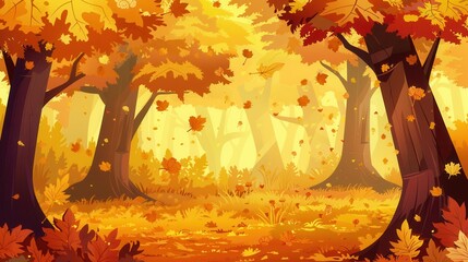 Aufkleber - The golden autumn forest showcases trees adorned with bright, falling leaves, creating a serene and colorful atmosphere. Generative AI
