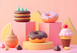 Delight in this colorful 3D render featuring variety of playful desserts, including donuts, ice cream, and cakes, set against soft pastel background