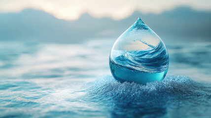 A blue water droplet sits on top of a body of water. The droplet is surrounded by a wave, giving the impression of a small ocean. Concept of calmness and tranquility