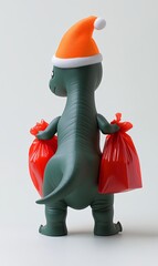 A green dinosaur toy wearing a Santa hat and carrying two red bags.