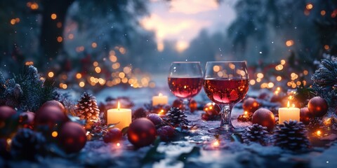 two glasses of wine on a table with christmas decorations