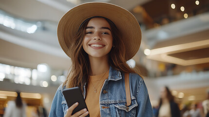 Wall Mural - Young woman smiling in a modern shopping mall