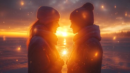 Friends celebrating the holiday outdoors with sparklers and winter scarves under the night sky