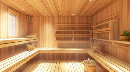 Poster - A serene traditional wooden sauna featuring wooden benches and buckets, inviting relaxation and rejuvenation after a long day. Generative AI