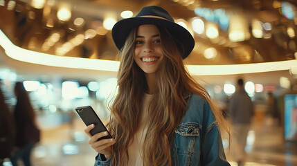 Wall Mural - Young woman smiling in a modern shopping mall