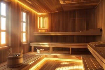 Poster - The traditional wooden sauna features benches and a steam area, illuminated by warm sunlight streaming through the windows. Generative AI